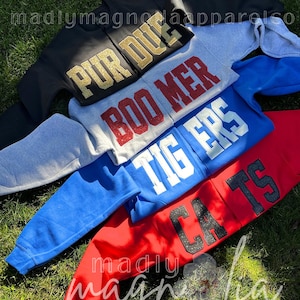 Pode incluir: Uma coleção de camisolas em preto, cinzento, azul e vermelho, cada uma exibindo o nome de uma equipa em letras arrojadas e brilhantes. As camisolas estão dispostas sobre relva verde, com a marca "madly magnolia apparelco" visível.