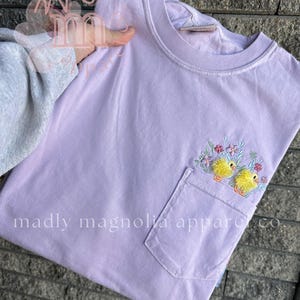 Fluffy Duck & Flowers Pocket Tshirt || Comfort Colors Tee || Embroidered Ducks || Embroidered Tshirt for Spring || Fluffy Duck Tee