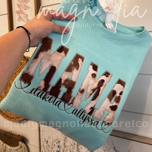 Mama Cow Print Appliqué Sweatshirt or Tshirt With Names || Mama Sweater || Cow Print Applique Tshirt || Custom Appliqué