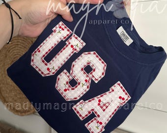 Youth Vintage Cherry USA Applique Tshirt || Kids Fourth of July Monogram Top || Vintage Cherry Shirt || 4th of July Apparel for Kids