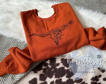 Cow Skull Embroidered Sweatshirt || Longhorn Embroidered || Floral Skull Sweatshirt || Western Inspired