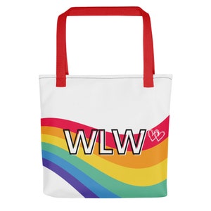 May include: A white tote bag with red handles. The bag features a rainbow design with the text "WLW" and two hearts.