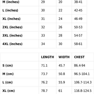 May include: Size guide chart for clothing with measurements in inches and centimeters. The chart shows the length, width, and chest measurements for sizes S through 4XL.