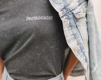 Protagonist Denim T-Shirt - Main Character Energy - Protagonist - Main Character - Good Guy - Vintage - Weathered Denim