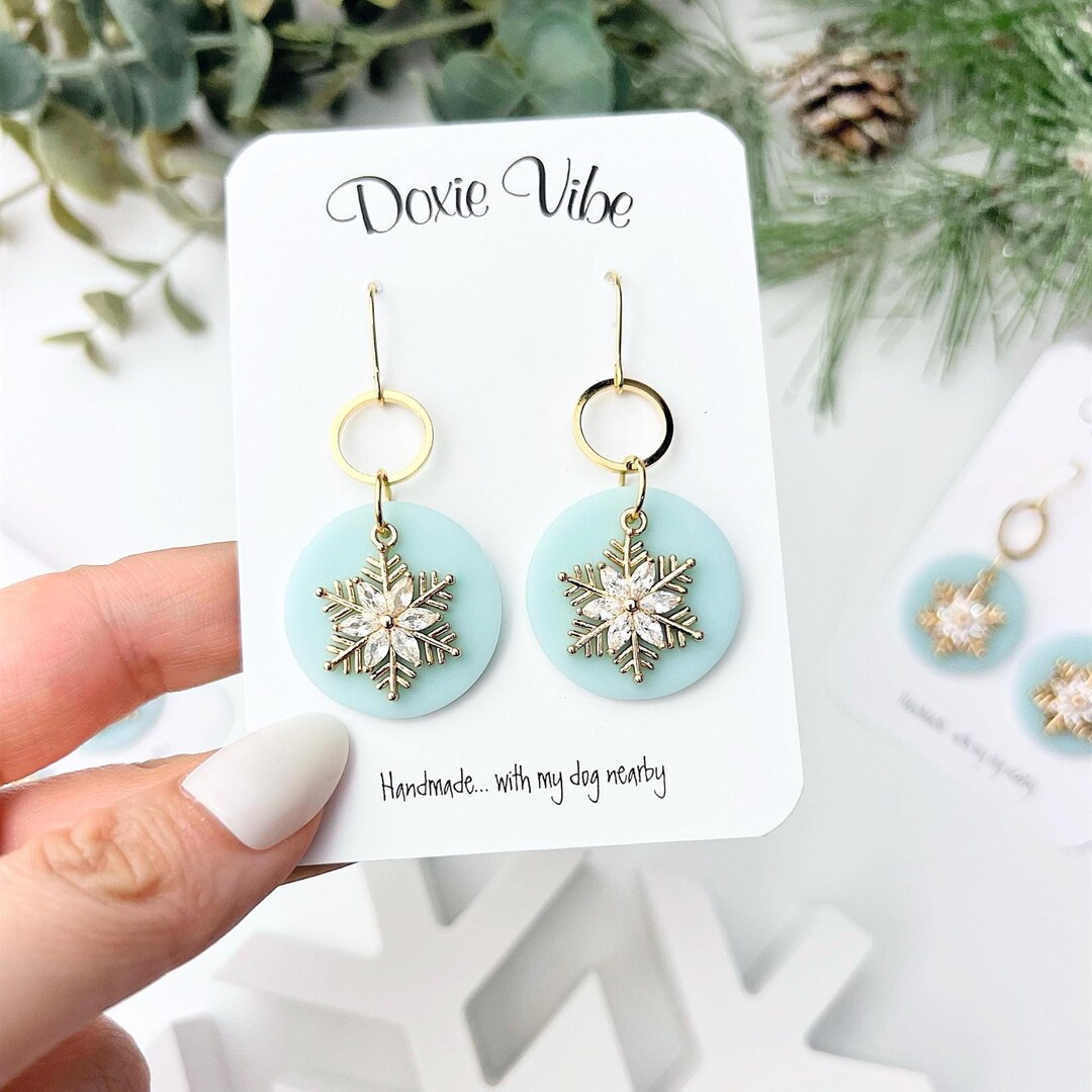 Snowflake Dangle Earrings, Handmade Clay Earrings, Stainless Steel Gift-For Her, For-Mom-Gift, Teacher Gift, Christmas Gift Stocking Stuffer