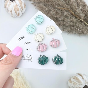 Pu&ograve; includere: Orecchini a forma di zucca in tonalit&agrave; pastello, tra cui azzurro, bianco, rosa e verde, con dettagli argentati. Gli orecchini sono presentati su biglietti bianchi con il testo "...Xie Vibe".