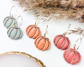Fall Handmade Clay Pumpkin Dangle Hoop Earrings | Hypoallergenic Gold Plated Surgical Steel