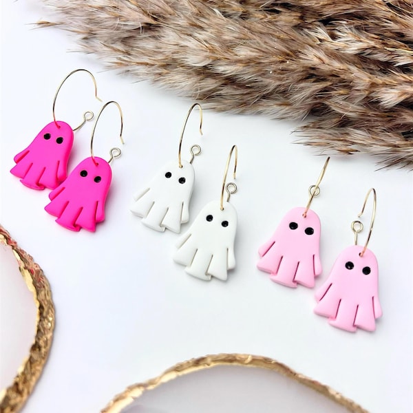 Ghost Earrings, Handmade Clay Earrings,  Nickel Free Hoop Earrings Halloween Dangle Earrings, Gift For Her, For Mom Gift, Teacher Giftful
