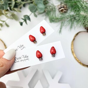 Holiday Ornament Stud Clay Earring, Titanium Earrings Handmade Christmas Hypoallergenic Earrings, Christmas Gift for Her, Teacher Gift Red Light