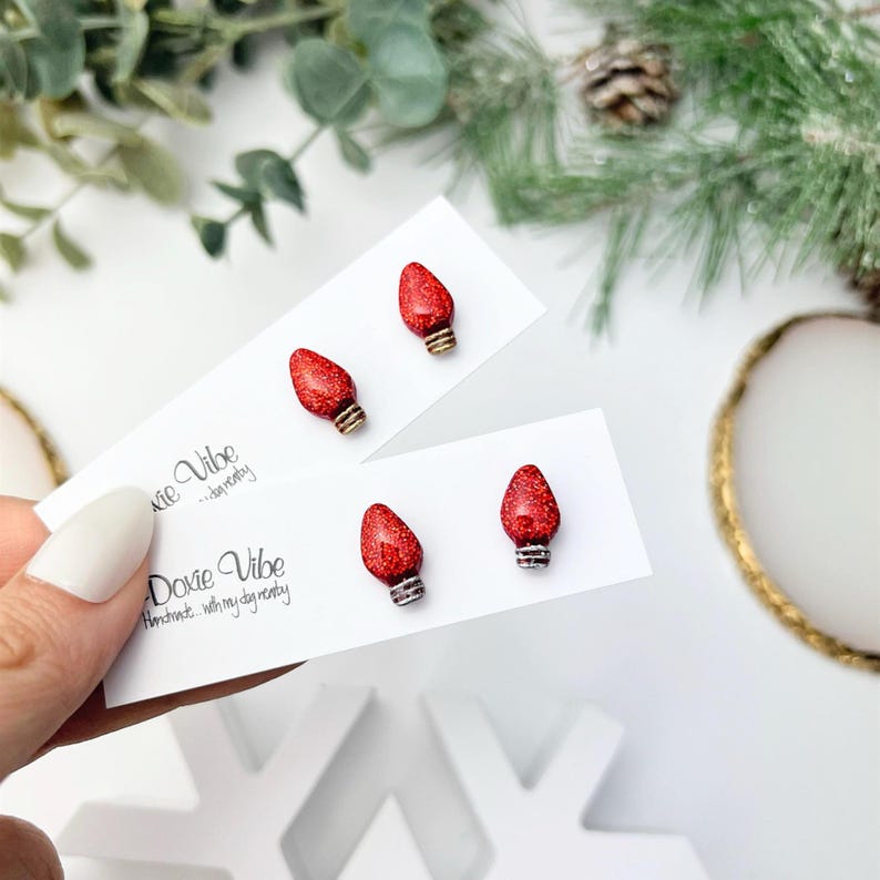 Holiday Ornament Stud Clay Earring, Titanium Earrings Handmade Christmas Hypoallergenic Earrings, Christmas Gift for Her, Teacher Gift Red Light