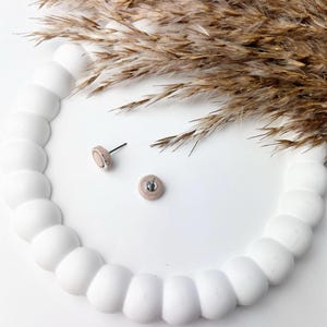 Peut inclure: Deux petites boucles d'oreilles rondes avec un centre rose clair et une bordure argent&eacute;e. Les boucles d'oreilles sont pr&eacute;sent&eacute;es sur une surface blanche textur&eacute;e avec de l'herbe ornementale s&eacute;ch&eacute;e de couleur beige en arri&egrave;re-plan. Bijoux minimalistes.