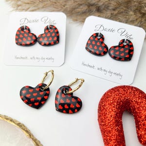 Handmade Clay Heart Dangle Earrings, Huggie Hoop Earring, Interchangeable Clay Earrings, Stainless Steel, Valentines Day Gift