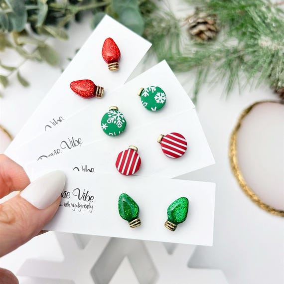 Holiday Ornament Stud Clay Earring, Titanium Earrings Handmade Christmas Hypoallergenic Earrings, Christmas Gift for Her, Teacher Gift