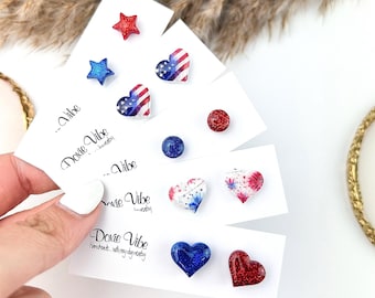 Patriotic Stud Clay Earrings, Titanium Earrings, Handmade Polymer Clay Earrings, 4th of July Jewelry, Cute USA Red White and Blue Studs