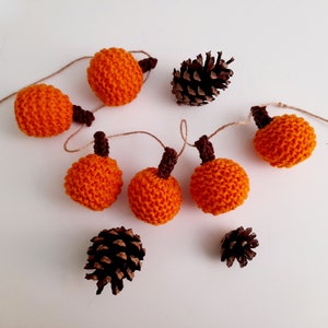 May include: A garland of knitted orange pumpkins with brown stems and two brown pine cones.