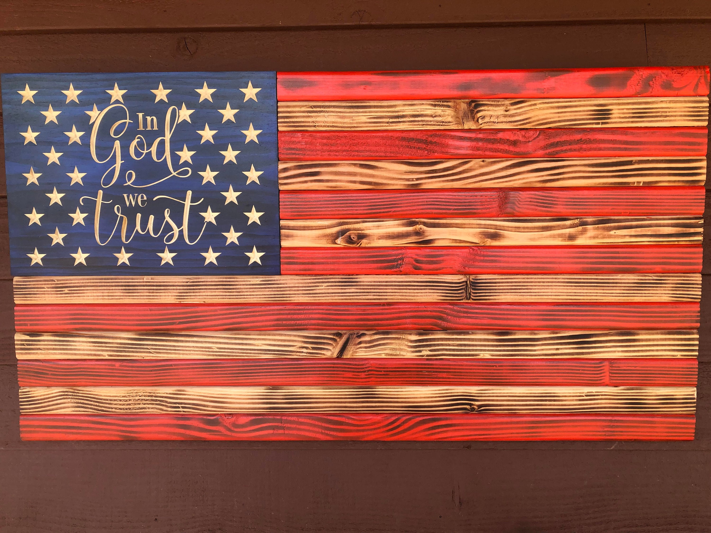 Wooden American Flag in GOD We Trust Handmade, Religious Flag, Rustic