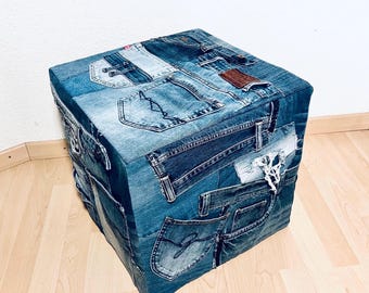 Hocker mit Ueberzug aus alten Jeans upcycling