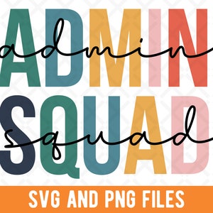 Könnte beinhalten: Ein farbenfrohes Grafikdesign mit dem Text "Admin Squad" in schwarzer Schrift. Die Buchstaben sind schwarz umrandet und mit verschiedenen Farben gefüllt, darunter Blau, Grün, Gelb, Orange und Pink.