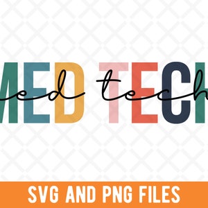 Könnte beinhalten: Ein farbenfrohes Grafikdesign mit dem Text "MEDTECH" in einem Regenbogen aus Farben. Der Text ist mit einer handschriftlichen Schriftart gestaltet. Das Bild enthält den Text "SVG AND PNG FILES".