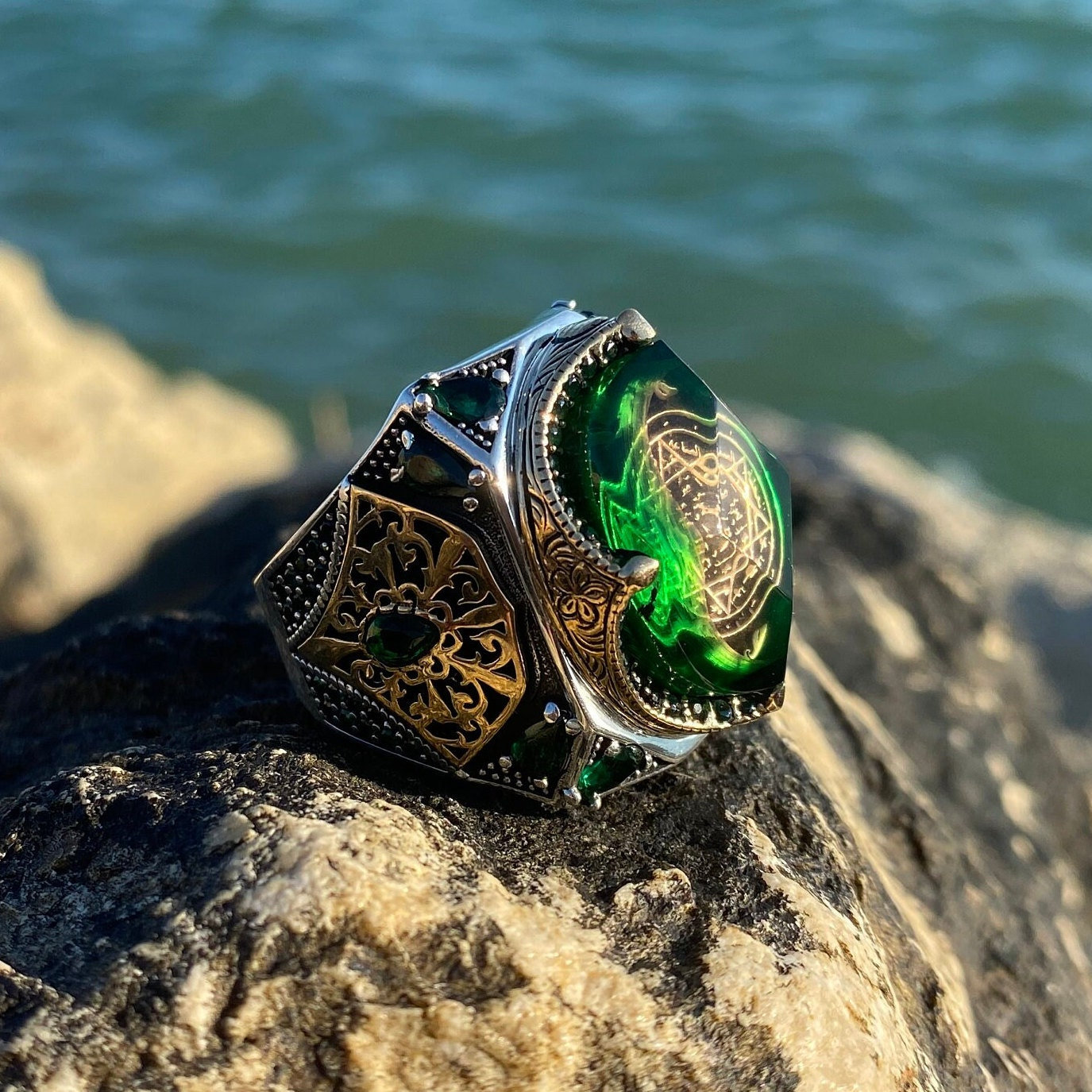 Zenium Silver Handmade Men Ring Green Seal of Solomon Stone Zenium Silver Handmade Men Ring Green Seal of Solomon Stone