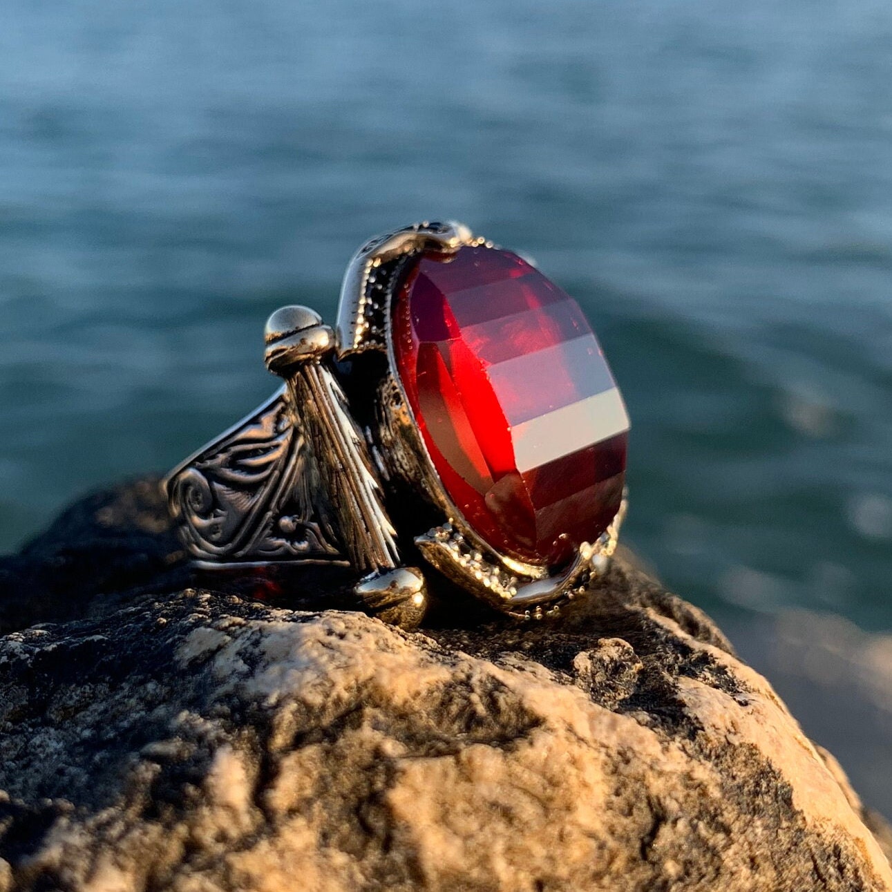 Zenium Silver Handmade Men Ring Red Oval Catalin Stone Gift Zenium Silver Handmade Men Ring Red Oval Catalin Stone Gift