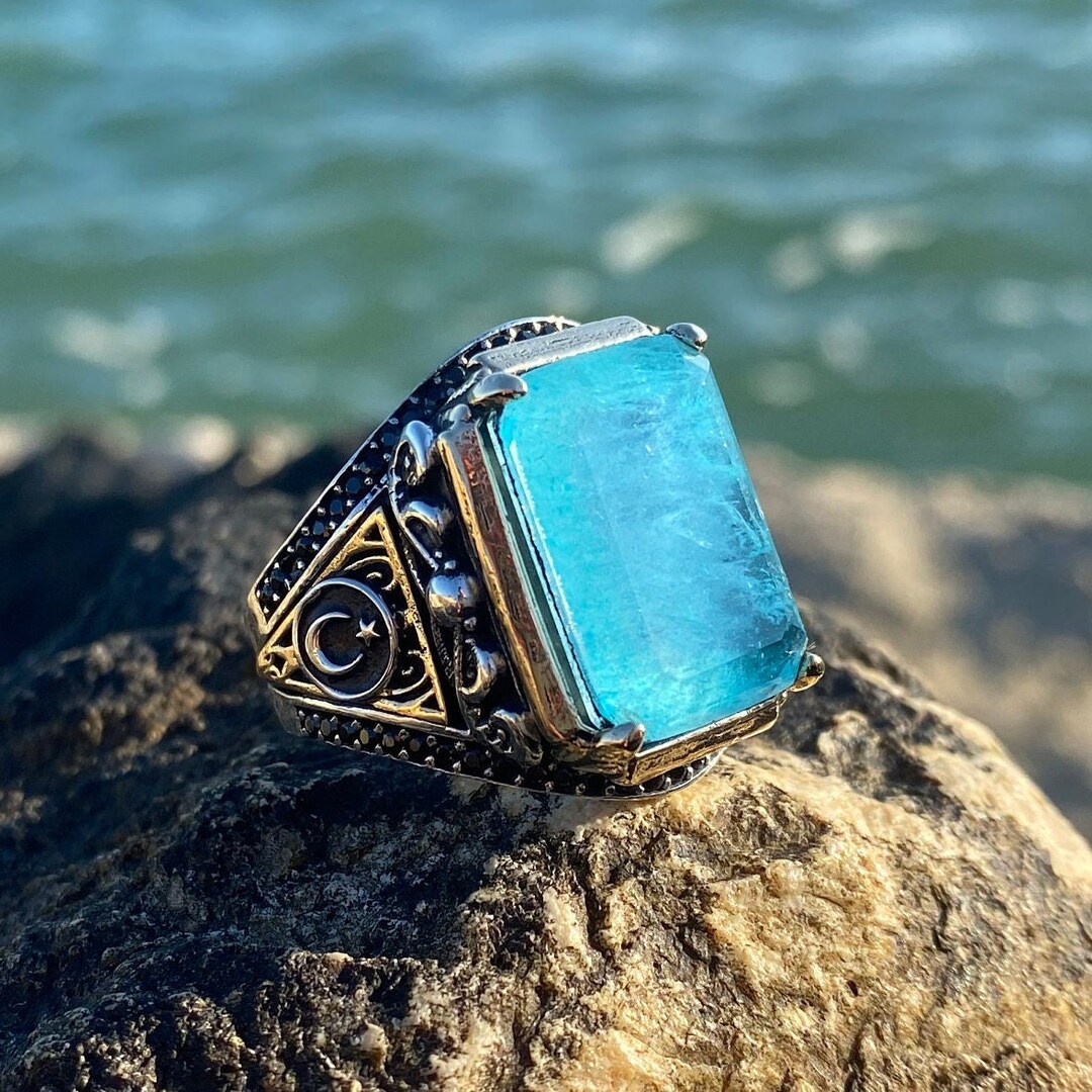Zenium Silver Handmade Men Ring Design Water Paraiba Stone Gift for