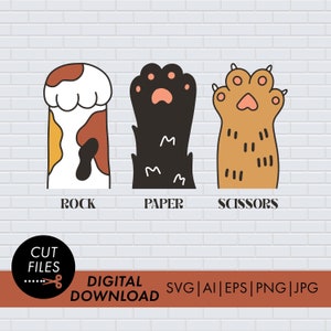 Cat Paw Rock, Paper, Scissors SVG Téléchargement numérique instantané | Fichier Cat Paw Cut pour Cricut ou Silhouette | fichiers ai, eps, png, jpg inclus
