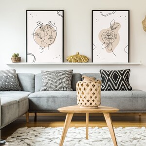 Wall Art Prints | Set of 2, Botanical Line Art, Womens Face Line Art, Modern, Beige