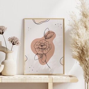 Wall Art Prints | Botanical Flower Art Print, DIGITAL DOWNLOAD, Line Art, Modern, Pink and Beige