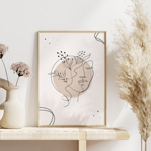 Wall Art Prints | Womens Face Line Art, DIGITAL DOWNLOAD, Modern, Beige