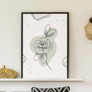 Wall Art Prints | Botanical Flower Art Print, DIGITAL DOWNLOAD, Line Art, Modern, Green