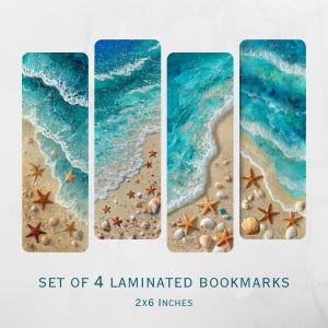 May include: A set of four laminated bookmarks, each measuring 2x6 inches, featuring a high-resolution print of a sandy beach shoreline with turquoise ocean waves, white sea foam, and various orange starfish and small white seashells scattered.