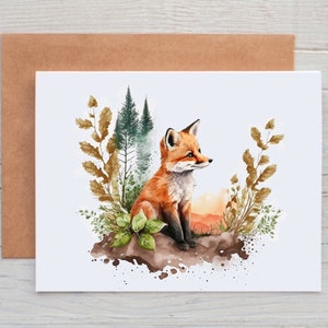 May include: Watercolor painting of a red fox sitting on a rock in a forest setting. The fox is surrounded by green and brown foliage, and there are tall trees in the background.