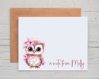 Personalized Owl Note Cards with Envelopes, Custom Stationery Set, a note from card, Owl Gift for Women, End of Year Teacher Gift