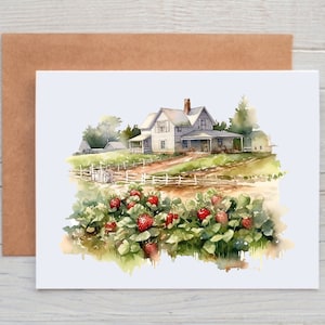 Strawberry Field Card, Summer Landscape Cards, Strawberry Note Cards with Envelopes, Summer Stationery for Women, All Occasion Greeting Card