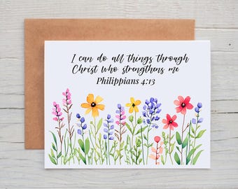 Philippians 4:13 Card, Christian Note Cards, Encouragement Card for Friend, Floral Note Card with Bible Verses, Inspirational Card for Women