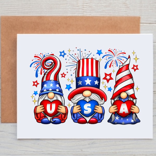 Patriotic Gnome Cards, 4th of July Card, Patriotic Note Cards with Envelopes, Independence Day Card, Card for Veteran, Patriotic Stationary