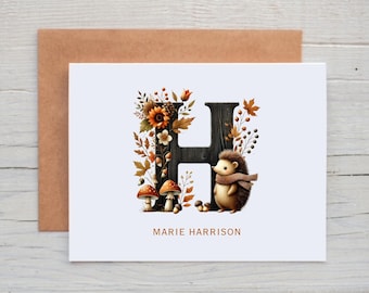 Personalized Fall Note Cards with Envelopes, Fall Hedgehog Card Pack, Monogram Stationery for Women, Initial Note Cards, Custom Fall Cards