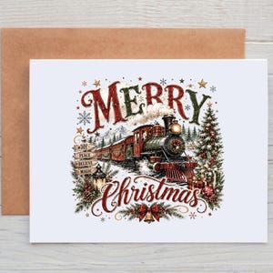 May include: A white greeting card featuring a vintage steam train illustration with the text Merry Christmas. The design includes a decorated pine tree, a sign with the words Joy, Peace, Believe, Magic, and festive red and green accents.