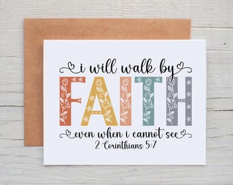 I Will Walk By Faith Christian Note Cards, Encouragement Card for Friend, Inspirational Card for Women, Christian Gift, Scripture Cards