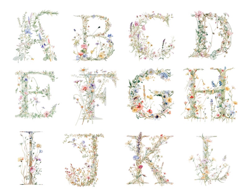 Pu&ograve; includere: Illustrazione ad acquerello delle lettere dell'alfabeto dalla A alla L, ciascuna lettera formata da una disposizione unica di fiori selvatici colorati e vegetazione.