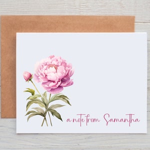 May include: A white card with a pink peony flower illustration and the text "a note from Samantha" in pink script.