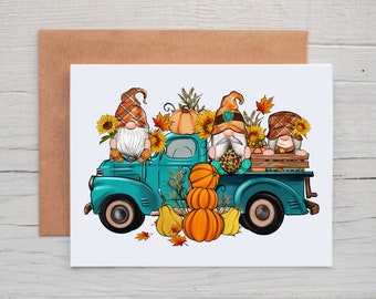 Gnome Note Cards, Fall Truck Cards, Blank Note Cards, Folded Cards, Note Cards with Envelopes, Handmade Note Card, Autumn Cards, Set of 12,