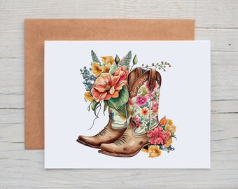 Floral Cowgirl Boots Cards with Envelopes, Western Cowgirl Boot Note Cards, All Occasion Greeting Cards, Western Gifts for Women, Blank Card