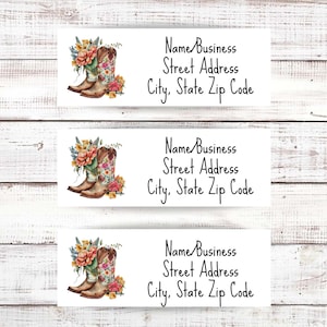 May include: Three printable labels featuring a floral design with cowboy boots. The labels have the text "Name Business, Street Address, City, State Zip Code".