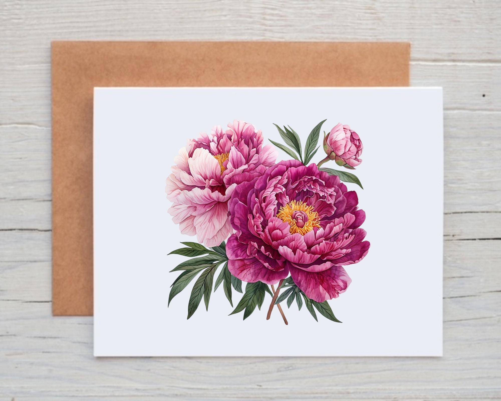 Peony Note Cards With Envelopes, Floral Card Pack, Peony Stationery ...
