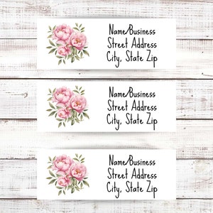 May include: White rectangular labels with a watercolor floral design of pink peonies and green leaves. The labels include the text: Name Business, Street Address, City, State Zip.