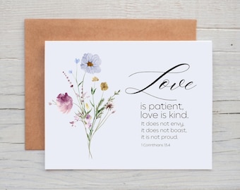 1 Corinthians 13 Wedding Card, Christian Note Cards, Floral Note Cards with Bible Verses, Inspirational Card for Women, Love is Patient Card