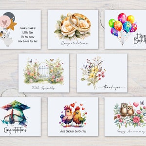 May include: Set of 9 watercolor greeting cards with various themes, including congratulations, birthday, sympathy, thank you, anniversary, and a baby card. The cards feature illustrations of flowers, balloons, animals, and other celebratory imagery.