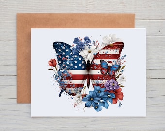 4th of July Butterfly Cards, Patriotic Note Cards with Envelopes, Patriotic Stationary for Women, Independence Day Card Pack, American Flag